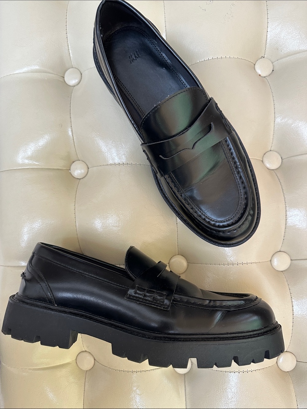 H & M Black Leather Lug Sole Penny Loafers
